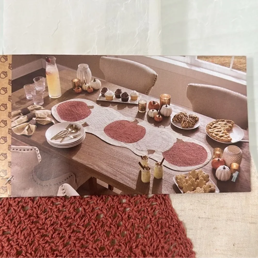 cupcakes & cashmere Ivory Linen White Rust Brown Crochet Pumpkins Table Runner